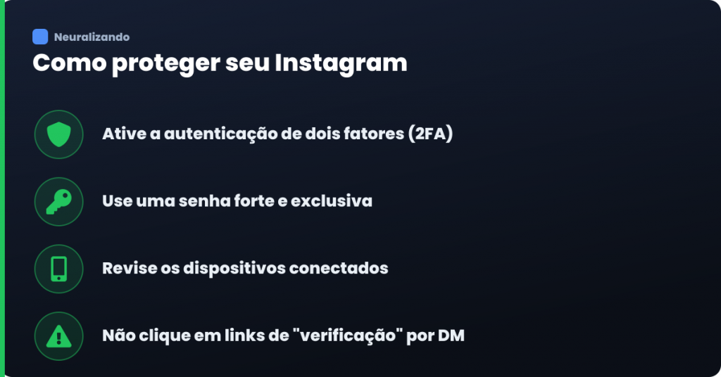 Infográfico com formas de proteger o Instagram após recuperar a conta