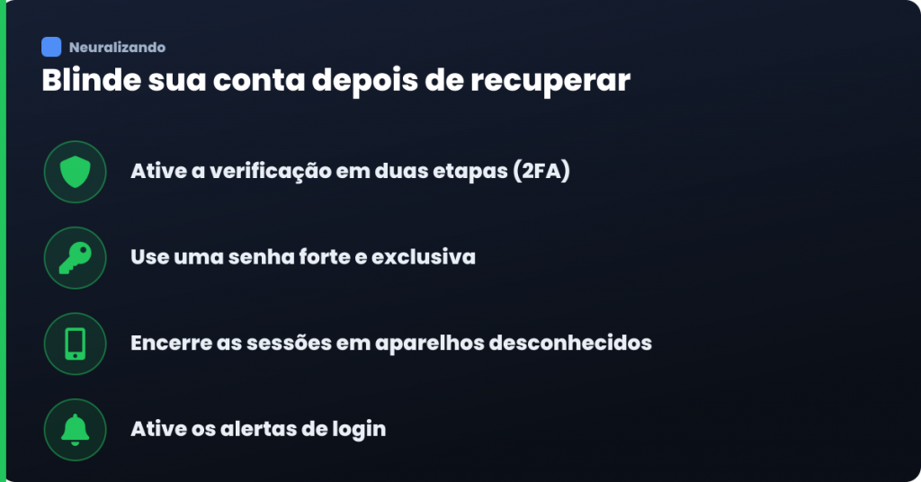 Infográfico com formas de proteger a conta do Facebook após recuperar