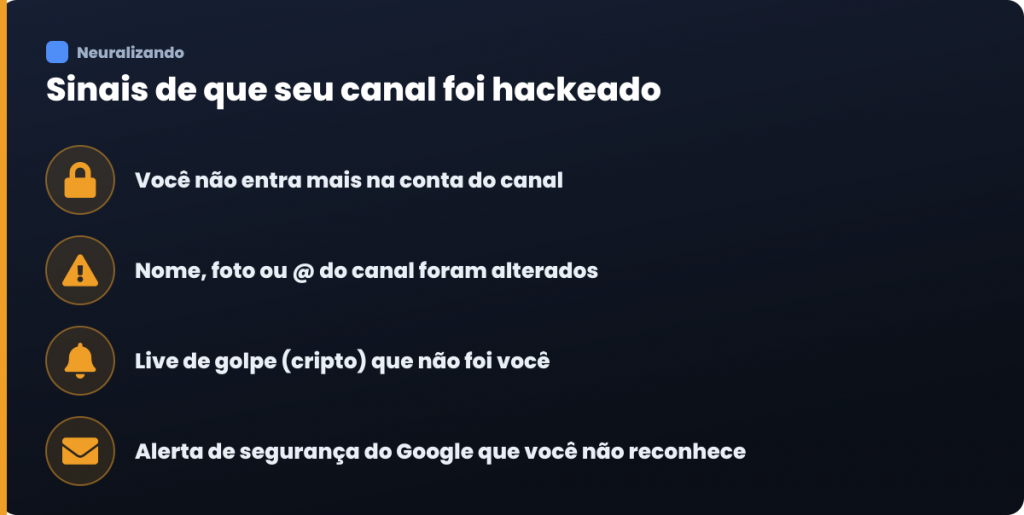 Infográfico com sinais de que seu canal do YouTube foi hackeado