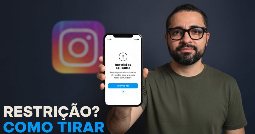 Rubsmar segurando celular com o aviso "Restrições aplicadas" do Instagram