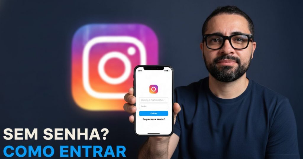 Rubsmar segurando celular com a tela de login do Instagram e a opção "Esqueceu a senha?"