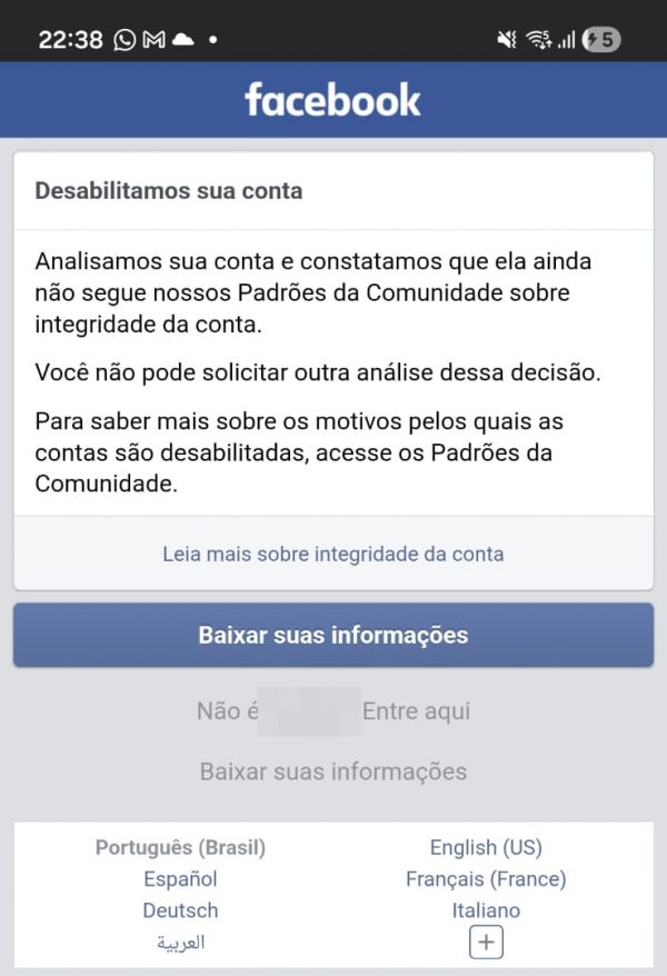 Tela do Facebook: Desabilitamos sua conta. Você não pode solicitar outra análise dessa decisão.