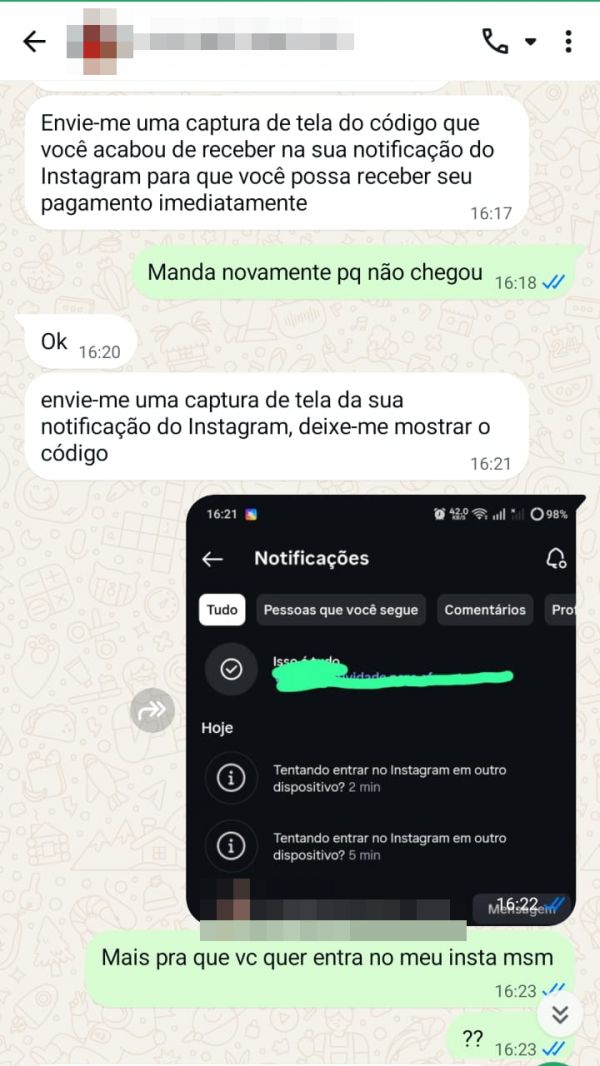 Conversa de golpista pedindo print da notificação do Instagram Tentando entrar no Instagram em outro dispositivo.