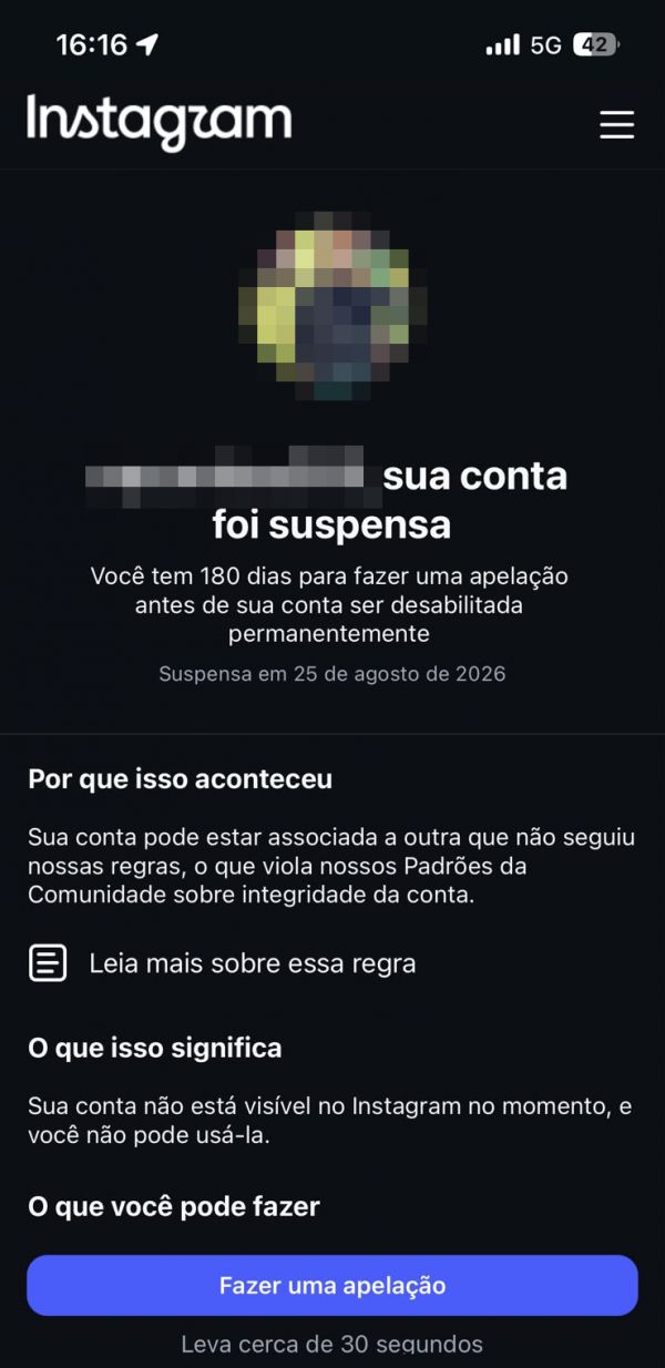 Tela do Instagram: sua conta foi suspensa. Você tem 180 dias para fazer uma apelação. Botão Fazer uma apelação.