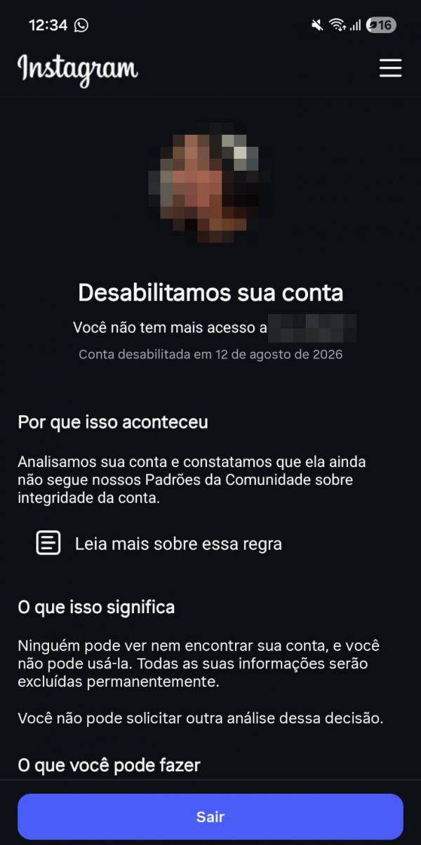 Tela do Instagram: Desabilitamos sua conta. Você não pode solicitar outra análise dessa decisão.