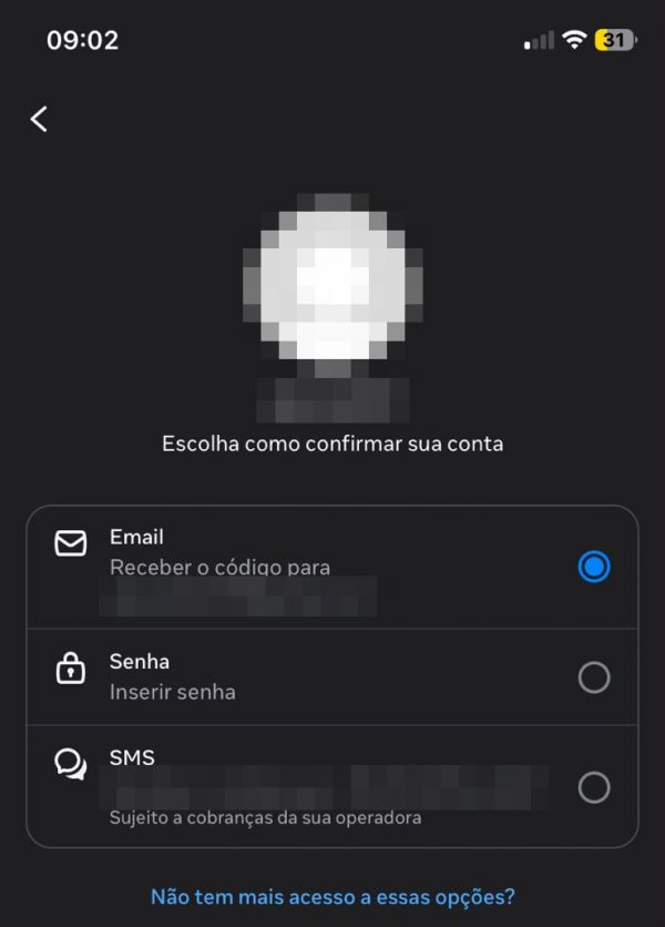 Tela do Instagram Escolha como confirmar sua conta, com o link Não tem mais acesso a essas opções?