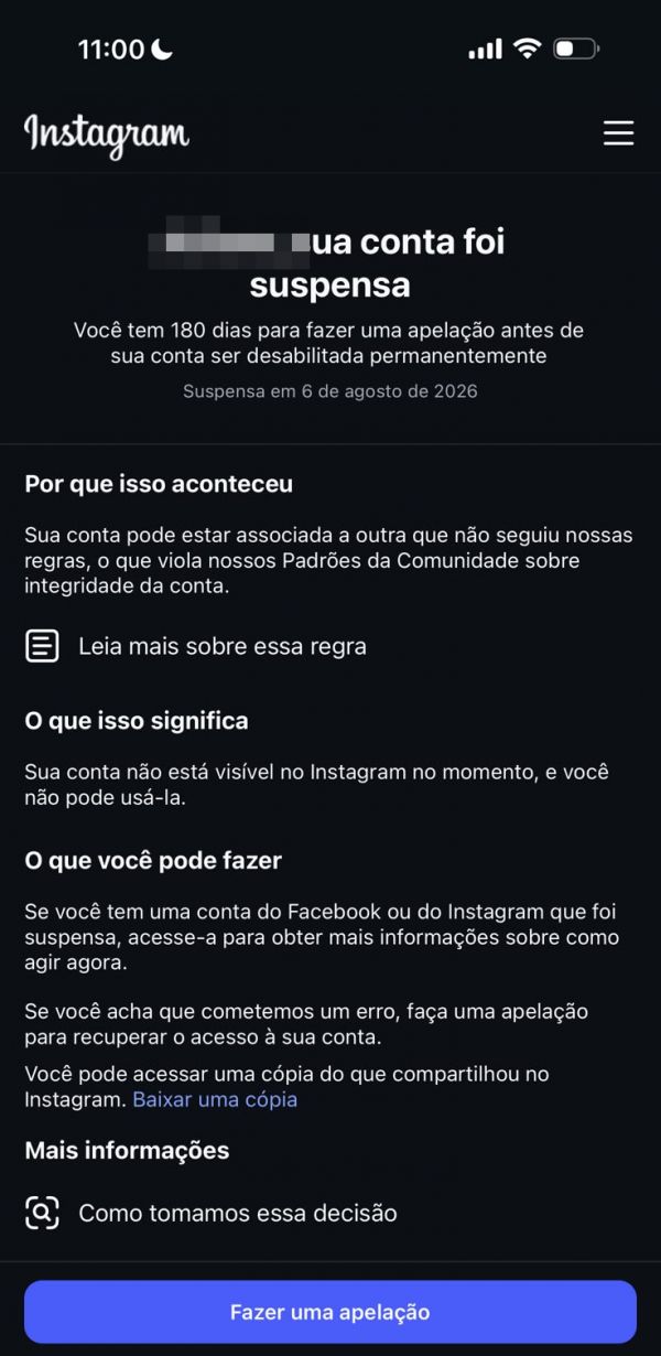 Tela do Instagram: sua conta foi suspensa porque pode estar associada a outra conta. Botão Fazer uma apelação.