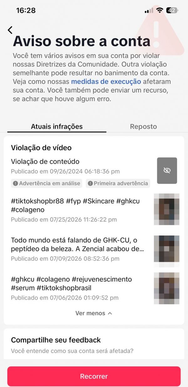 Tela do TikTok Aviso sobre a conta, com as infrações e o botão Recorrer.