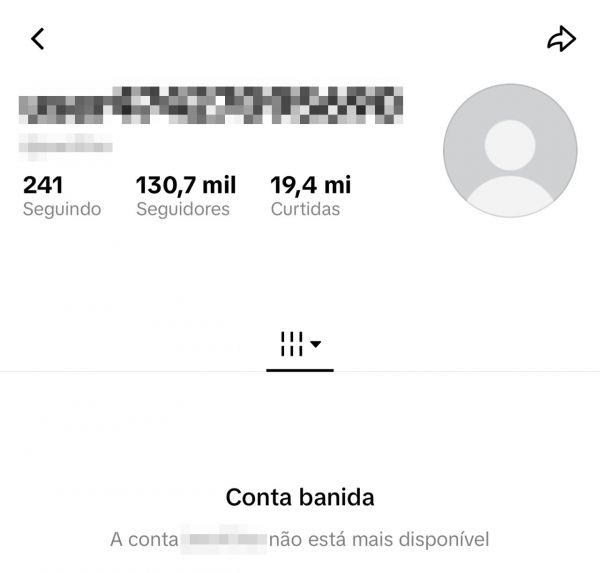 Perfil do TikTok com o aviso Conta banida.