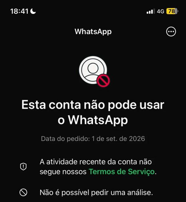Tela do WhatsApp: Esta conta não pode usar o WhatsApp. Não é possível pedir uma análise.